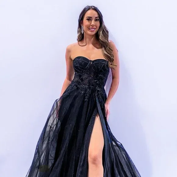 NEW LONG OFF SHOULDER STRAPLESS A-LINE DRESS EMBROIDERED WITH BEADS AC TM1015